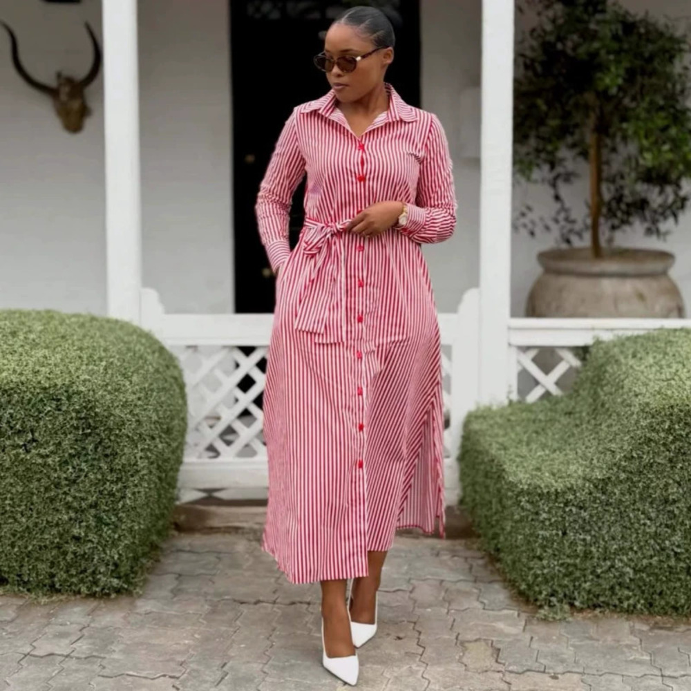 ZARA African Style Notch Collar Long Sleeve Tie Dress Slim Fit Long Dress
